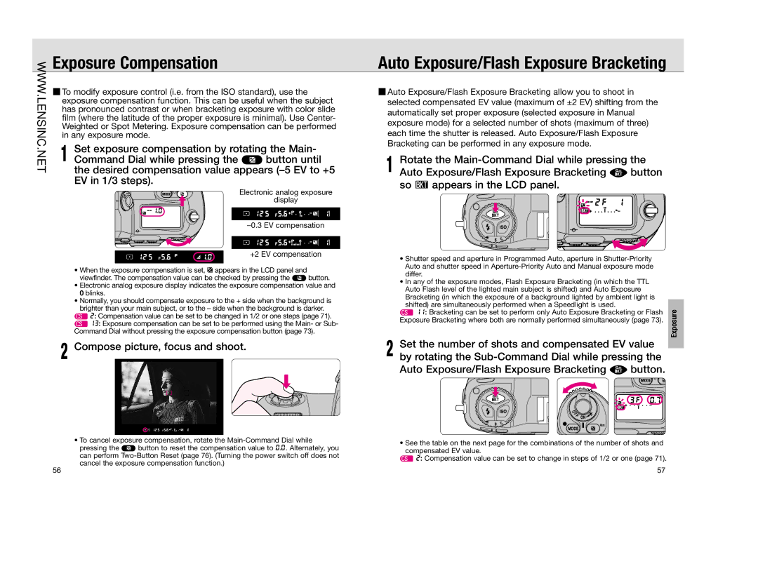 Nikon FAA350NA manual Exposure Compensation, Auto Exposure/Flash Exposure Bracketing 