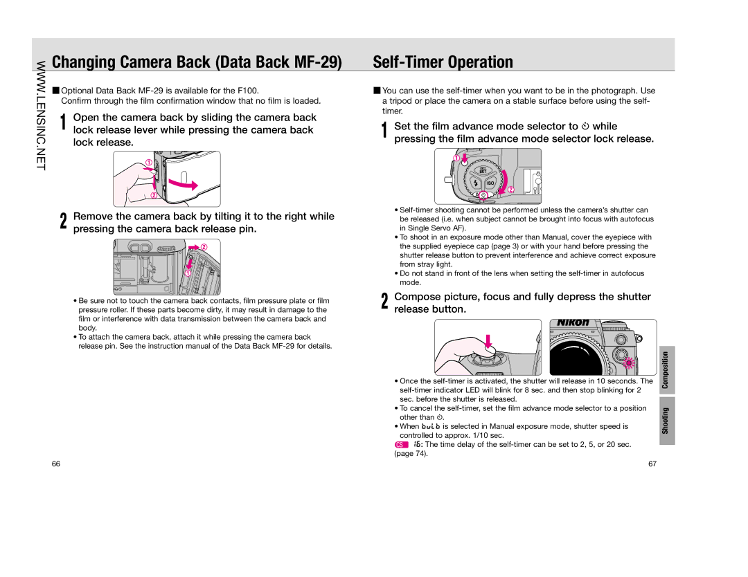 Nikon FAA350NA manual Self-Timer Operation, Changing Camera Back Data Back MF-29 