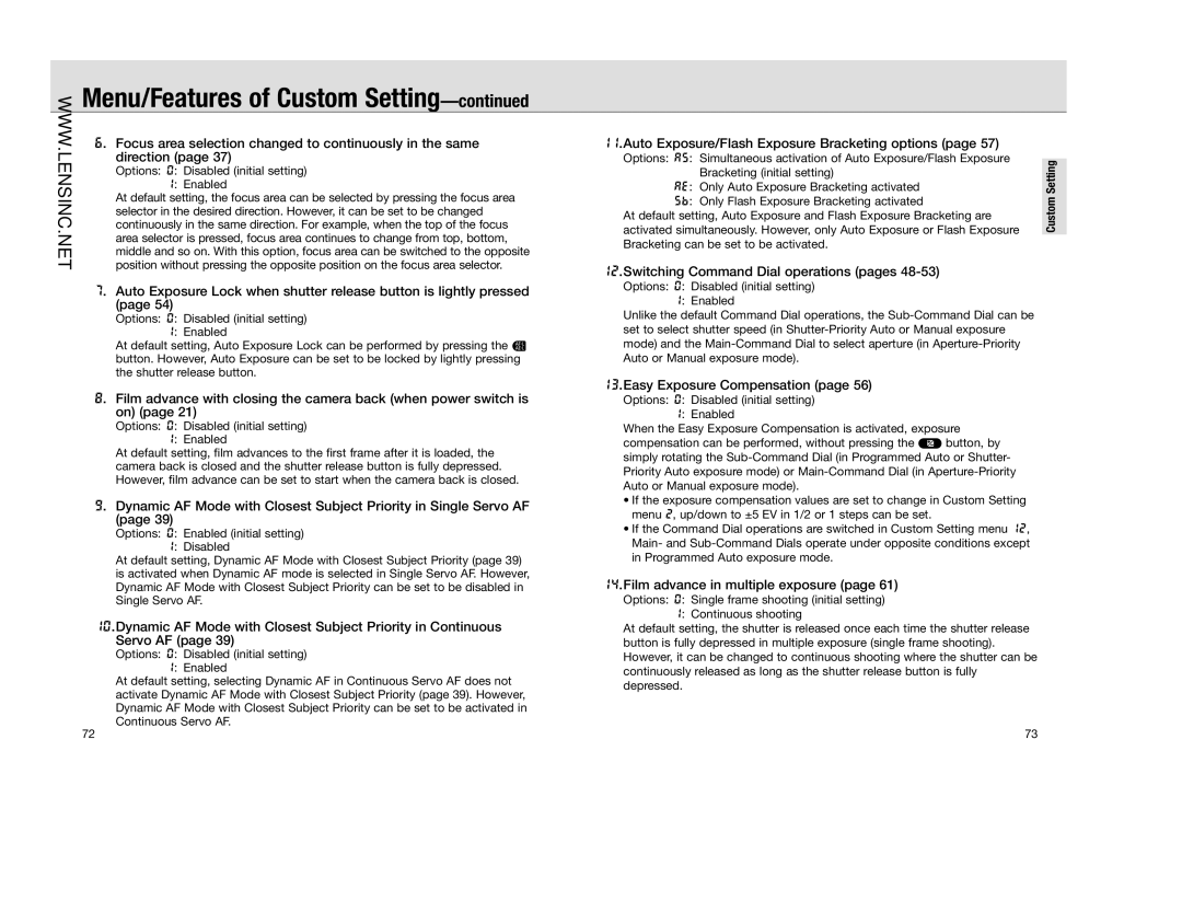 Nikon FAA350NA manual Auto Exposure/Flash Exposure Bracketing options, Switching Command Dial operations pages 