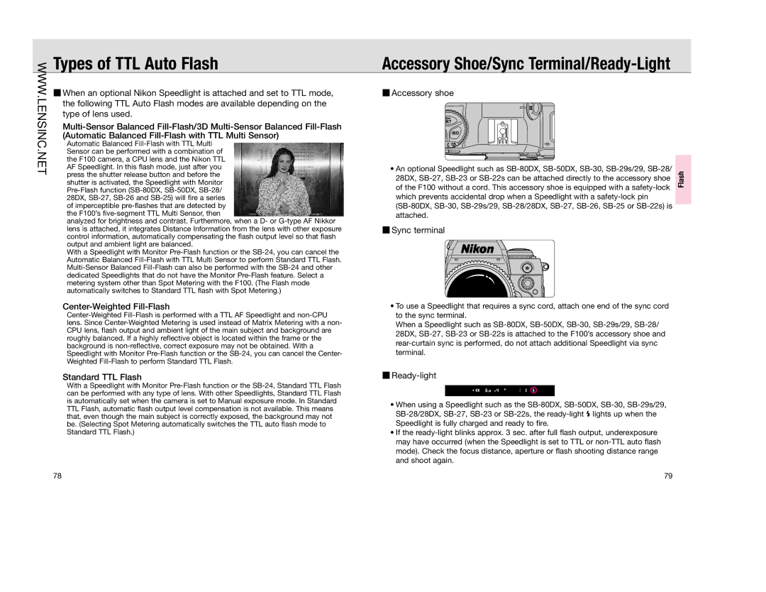 Nikon FAA350NA manual Types of TTL Auto Flash, Accessory Shoe/Sync Terminal/Ready-Light 