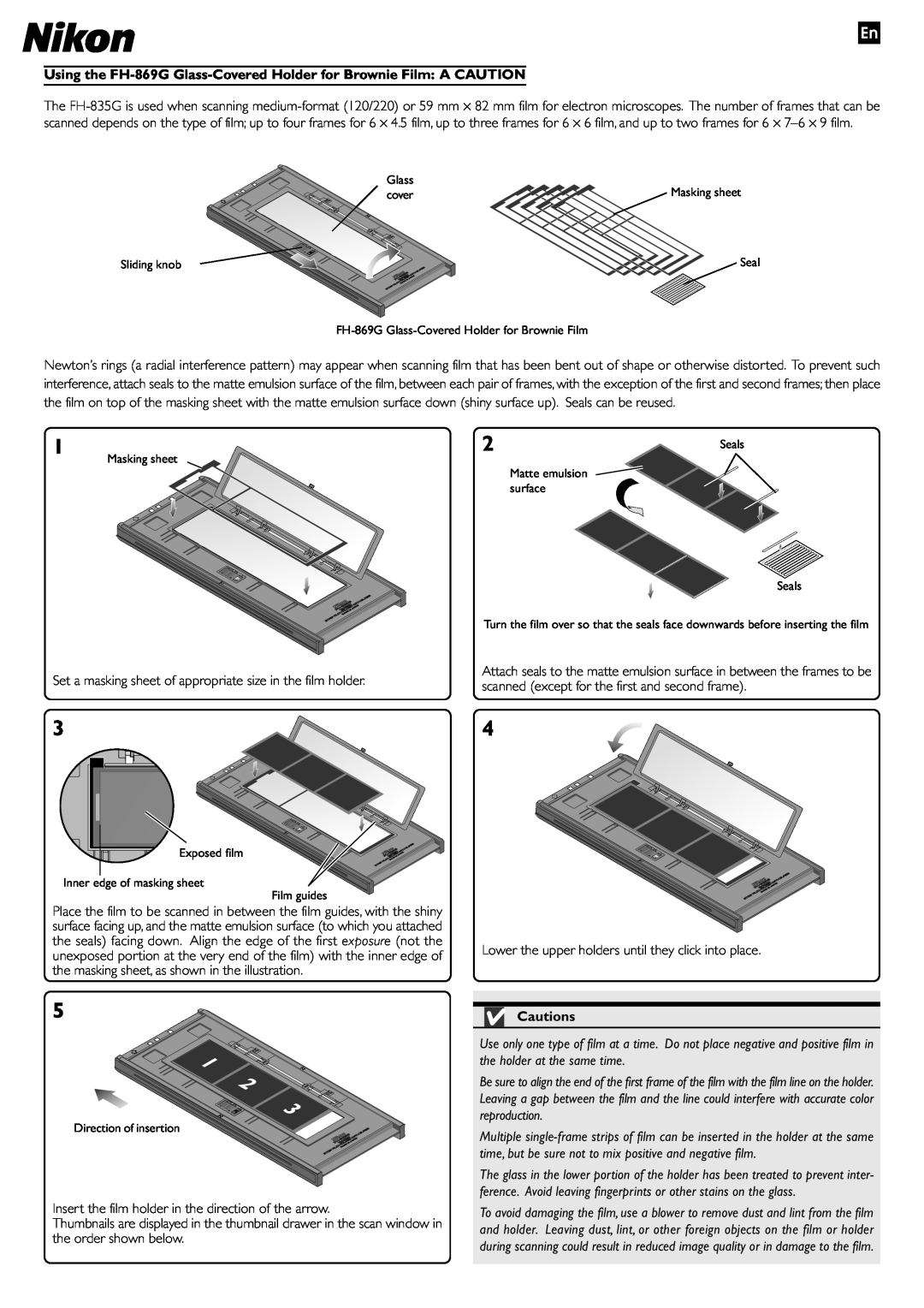 Nikon manual Using the FH-869G Glass-Covered Holder for Brownie Film A CAUTION, Cautions 