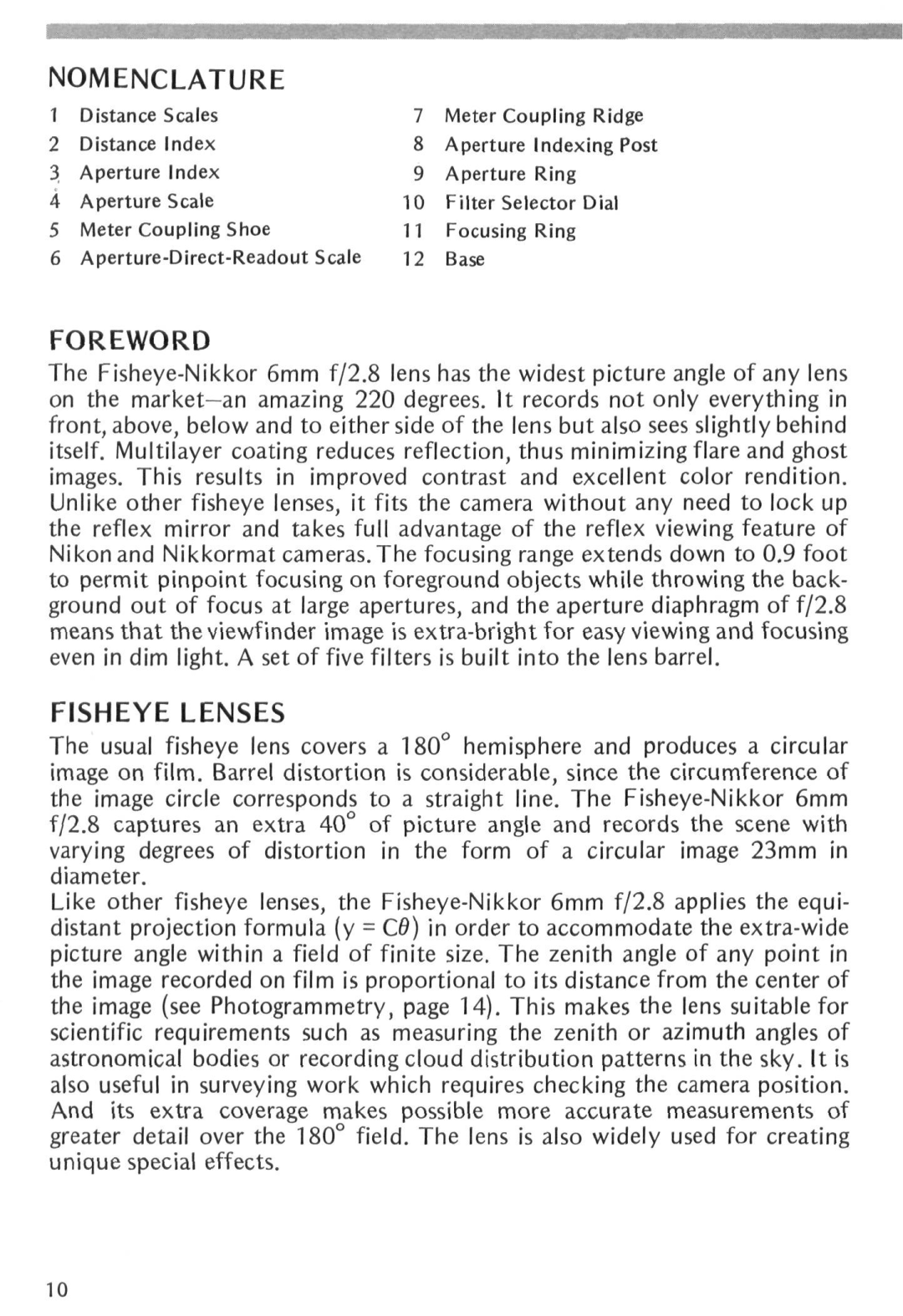 Nikon Fisheye-Nikkor 6mm f/2.8 instruction manual Nomenclature, Foreword, Fisheye Lenses 