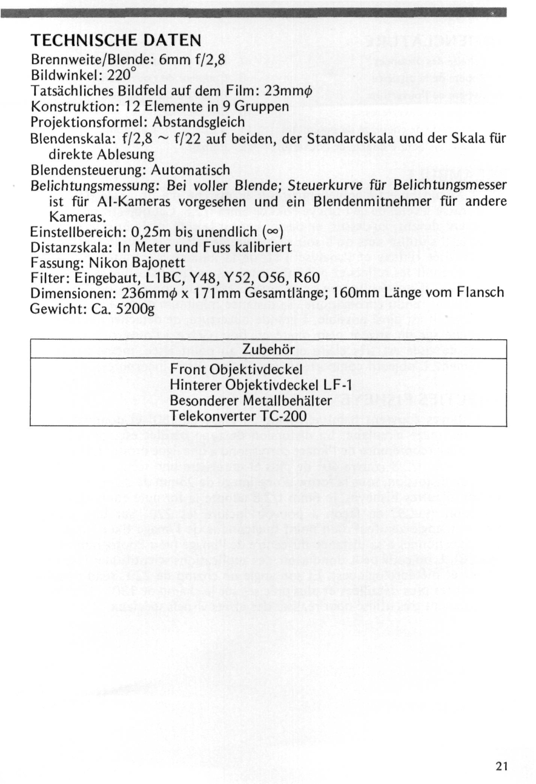 Nikon Fisheye-Nikkor 6mm f/2.8 instruction manual Technische Daten 