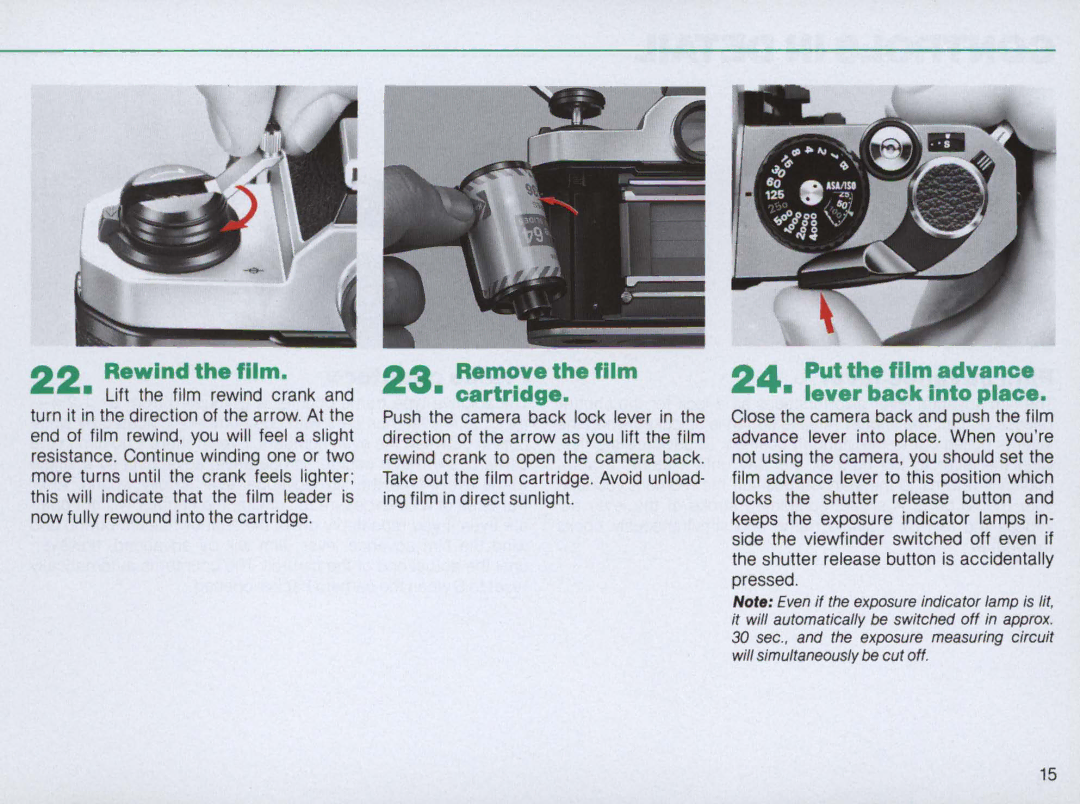 Nikon 1683, FM2 Body only Rewind the film, Remove the film Cartridge, Put the film advance Lever back into place 