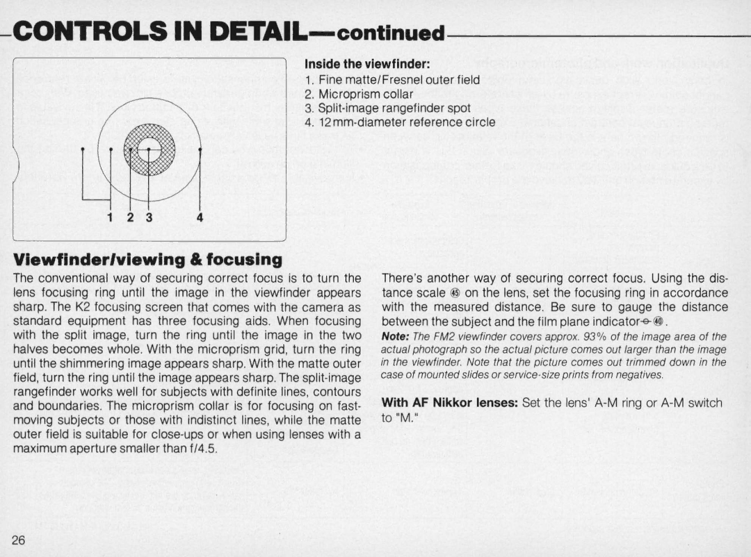 Nikon FM2 Body only, 1683 instruction manual Lewflnder/vlewlng & focusing, Inside the viewfinder 