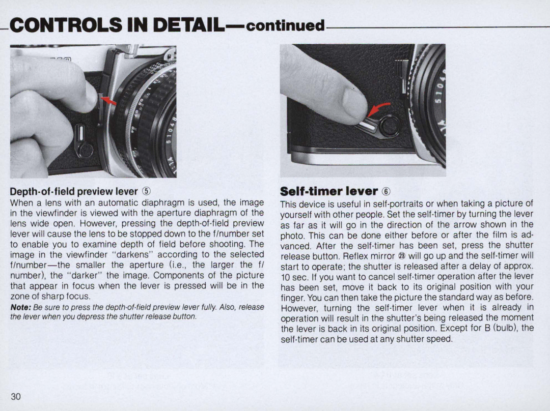 Nikon FM2 Body only, 1683 instruction manual Self·tlmer lever, Depth-of-field preview lever 