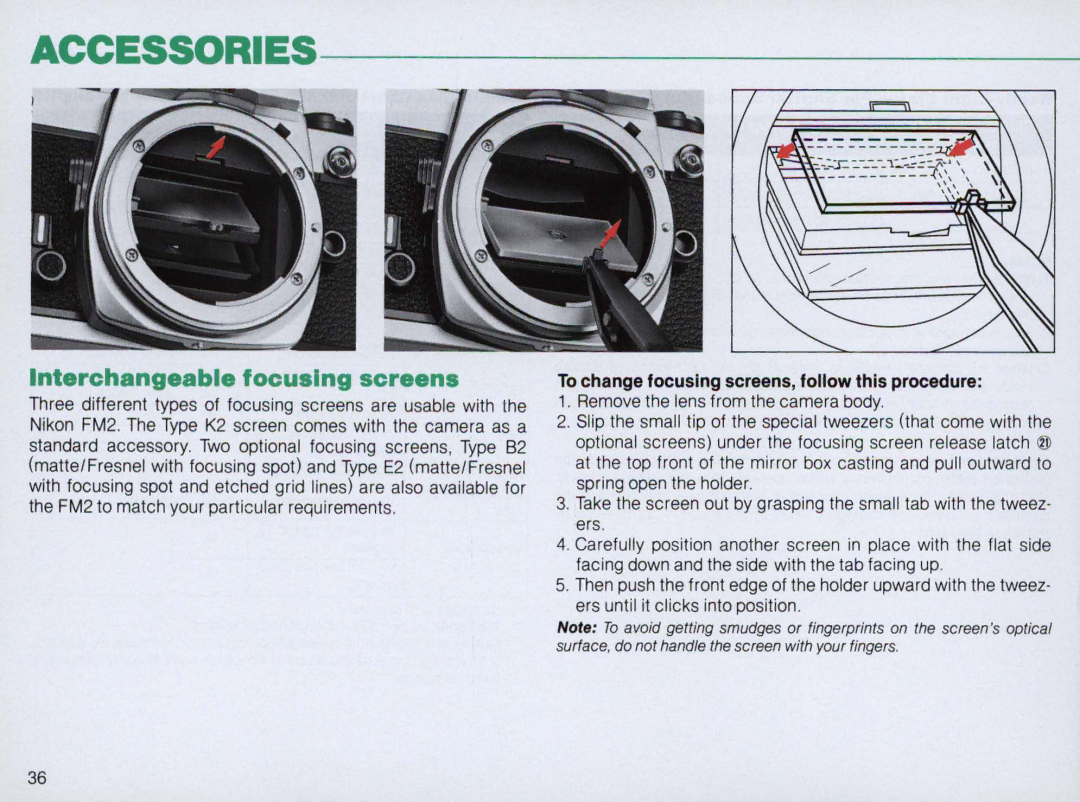 Nikon FM2 Body only, 1683 instruction manual Accessories, Interchangeable focusing screens 