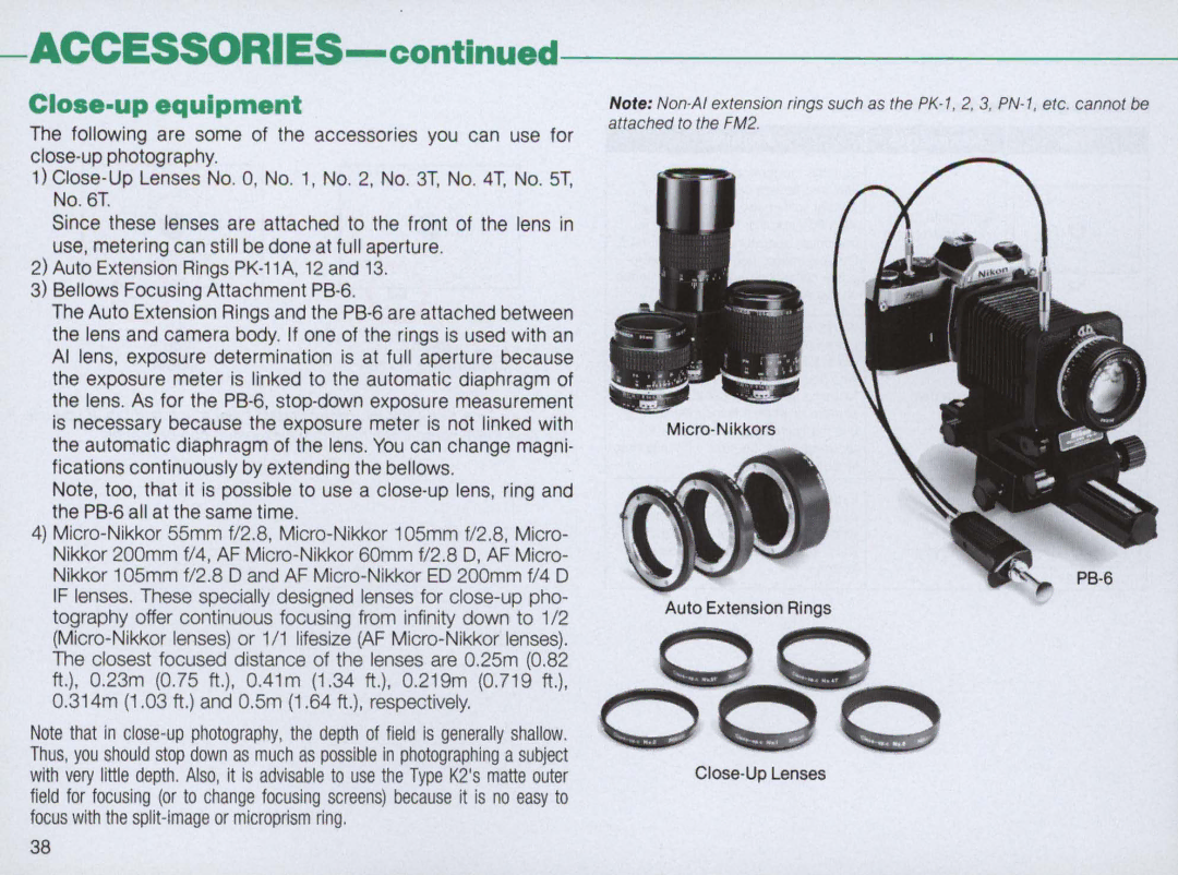 Nikon FM2 Body only, 1683 instruction manual Accessories, Close-up equipment 