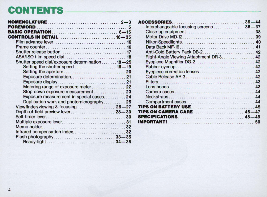 Nikon FM2 Body only, 1683 instruction manual Contents 