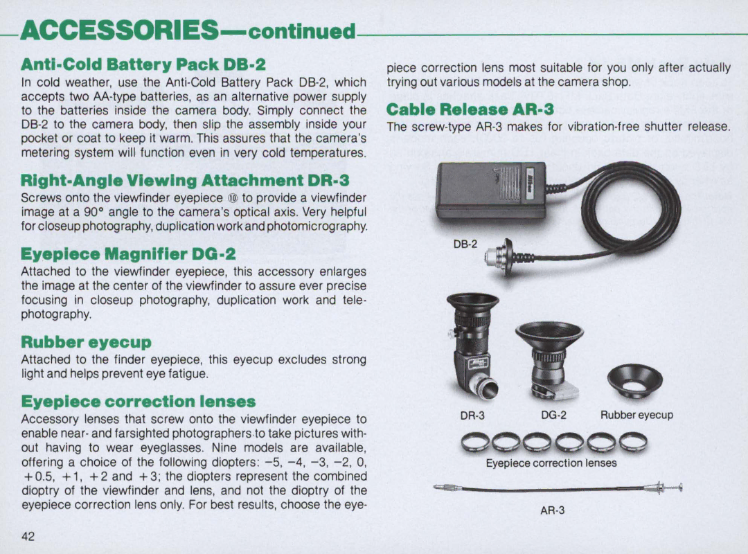 Nikon FM2 Body only Anti-Cold Battery Pack DB-2, Cable Release AR-3, Right-Angie Viewing Attachment DR-3, Rubbereyecup 