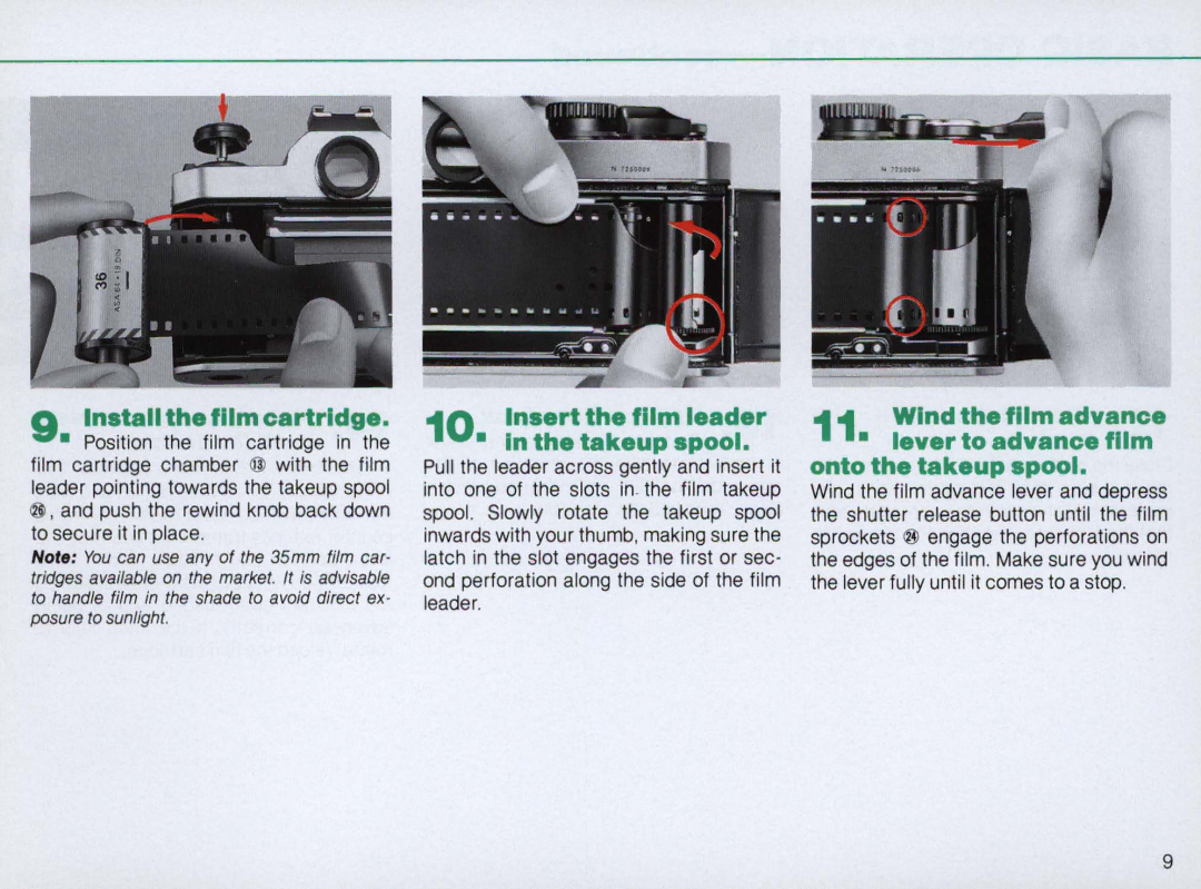 Nikon 1683, FM2 Body only instruction manual Install the film cartridge, Insert the film leader Takeup spool 