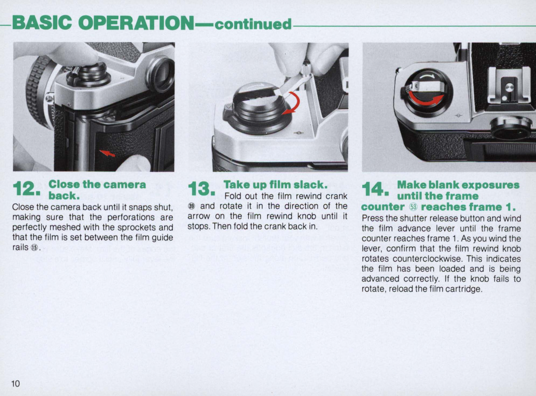 Nikon FM2 Body only, 1683 instruction manual back.Close the camera, Take up film slack, BASIC OPERATION-continued 