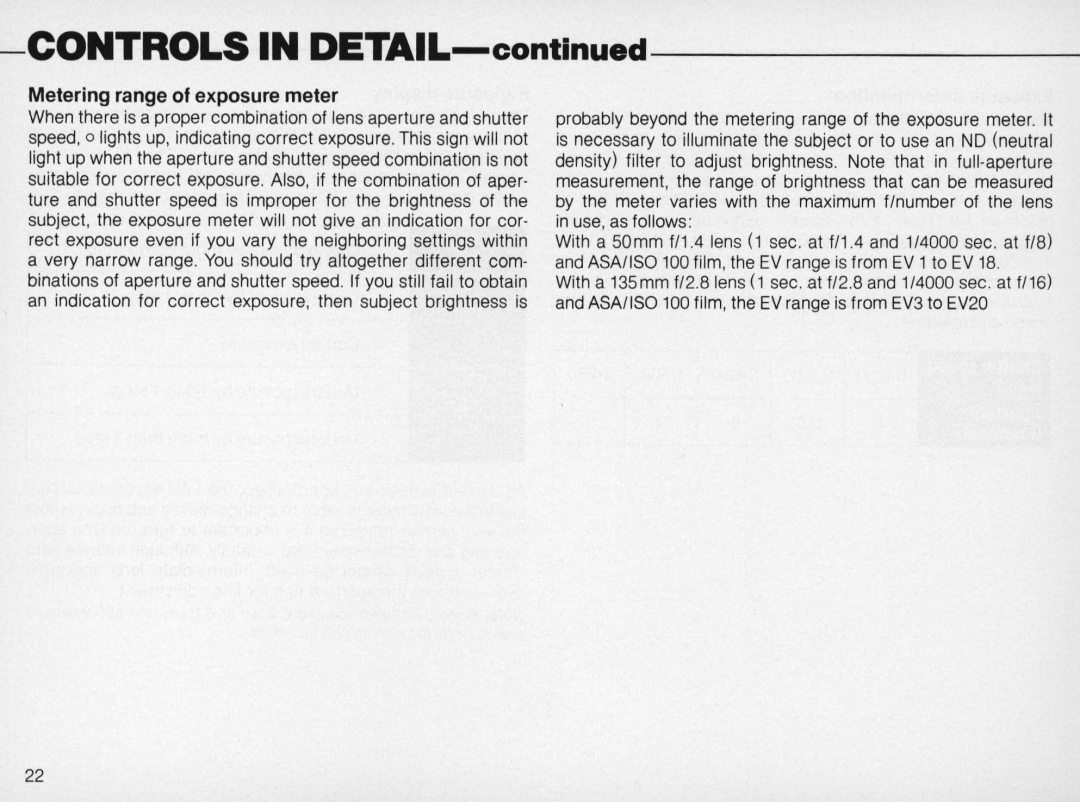 Nikon FM2 Body only, 1683 instruction manual CONTROLS IN DETAIL-contlnued, Metering range of exposure meter 