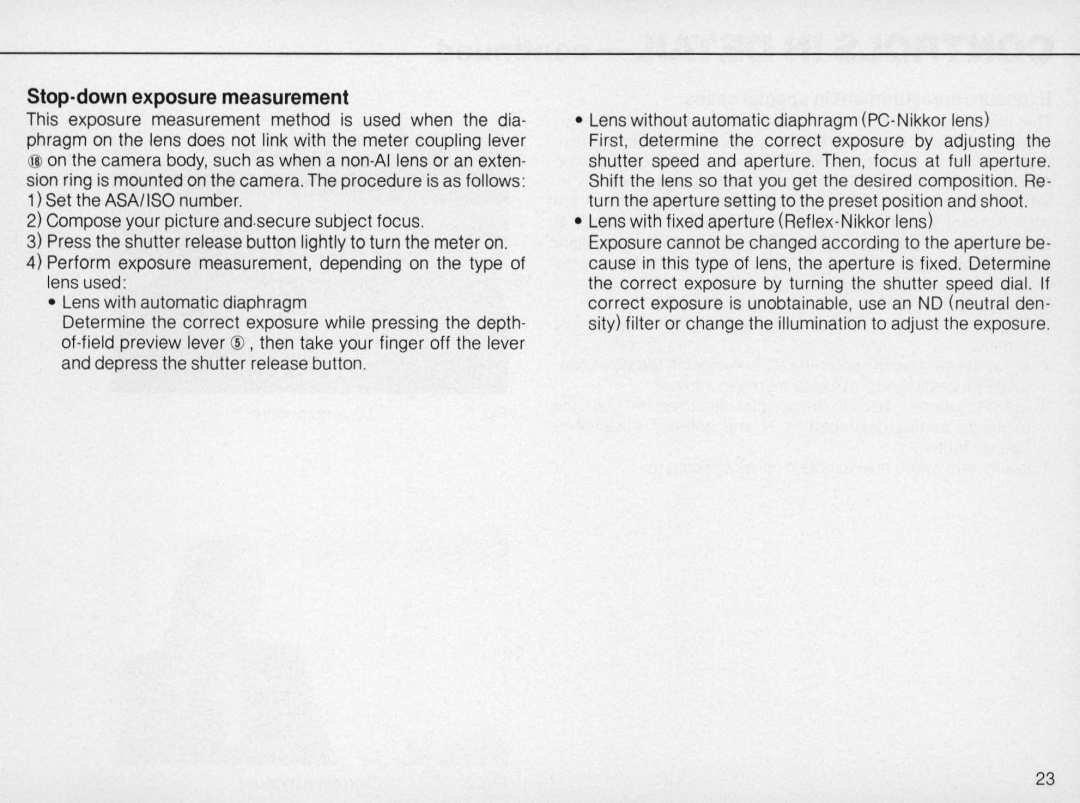 Nikon 1683, FM2 Body only instruction manual Stop-down exposure measurement 