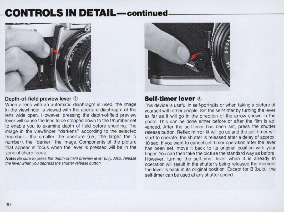 Nikon FM2 Body only, 1683 instruction manual Self·tlmer lever, Depth-of-field preview lever, CONTROLS IN DETAIL-continued 