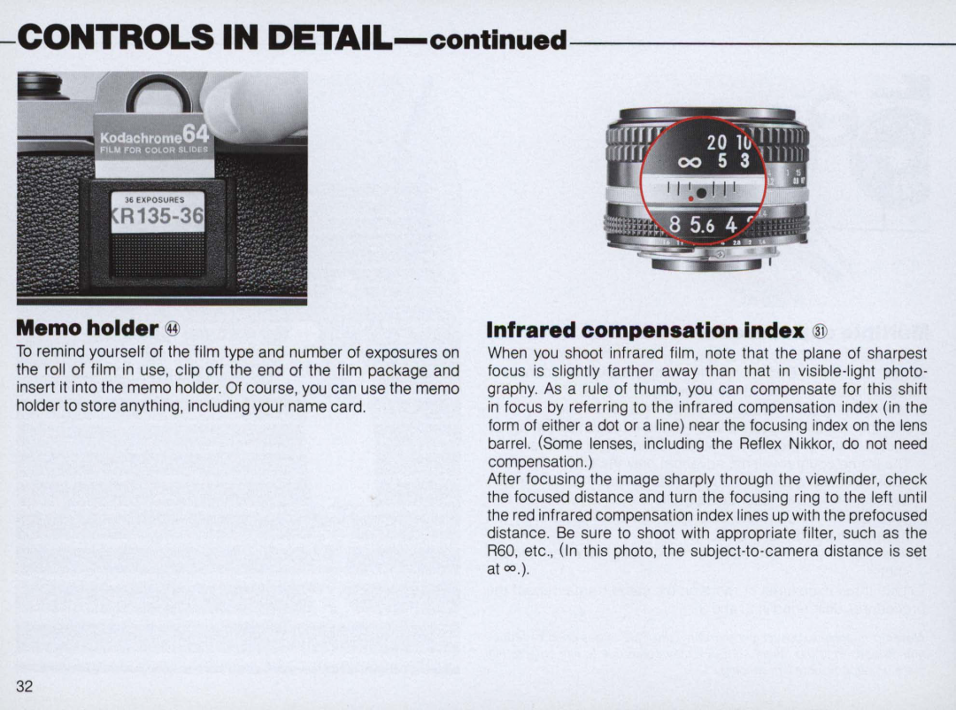 Nikon FM2 Body only, 1683 instruction manual Memo holder, Infrared compensation index, CONTROLS IN DETAIL-continued 