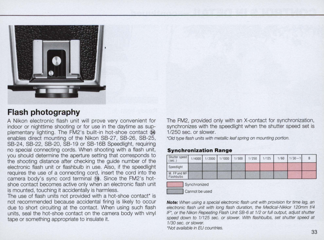 Nikon 1683, FM2 Body only instruction manual Flash photography, Synchronization Range 