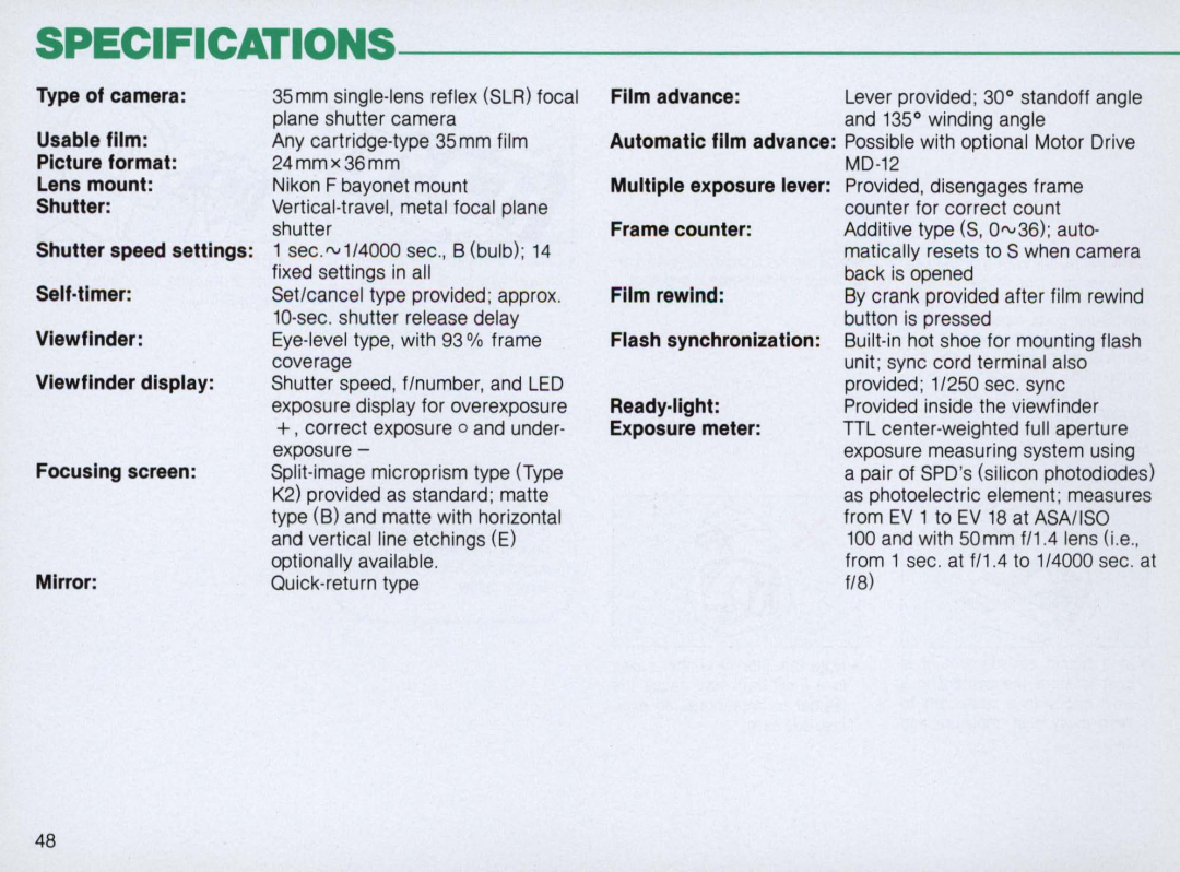 Nikon FM2 Body only, 1683 instruction manual Specifications 