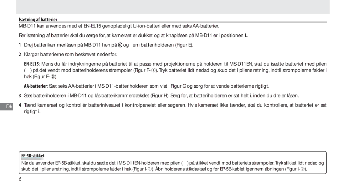 Nikon G02 manual Isætning af batterier, EP-5B-stikket 