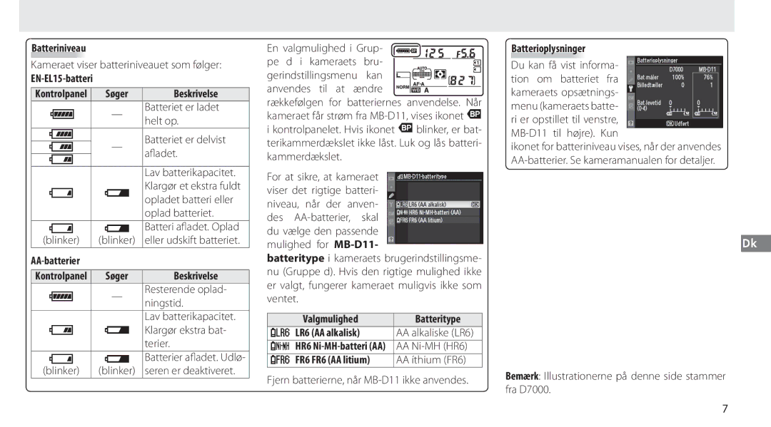 Nikon G02 manual Batteriniveau, Søger Beskrivelse, Valgmulighed Batteritype LR6 AA alkalisk, FR6 FR6 AA litium 