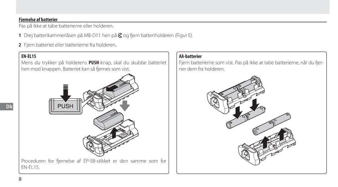 Nikon G02 manual Fjernelse af batterier, AA-batterier 