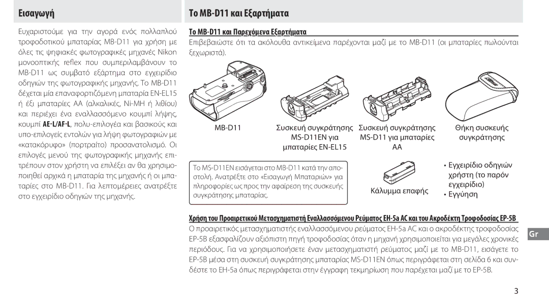 Nikon G02 manual Εισαγωγή, Το ΜΒ-D11 και Εξαρτήματα, Το ΜΒ-D11 και Παρεχόμενα Εξαρτήματα 