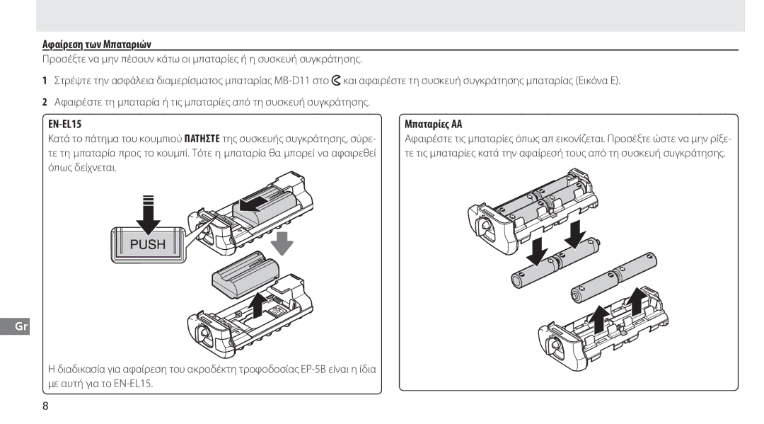 Nikon G02 manual Αφαίρεση των Μπαταριών, EN-EL15 Μπαταρίες ΑΑ 