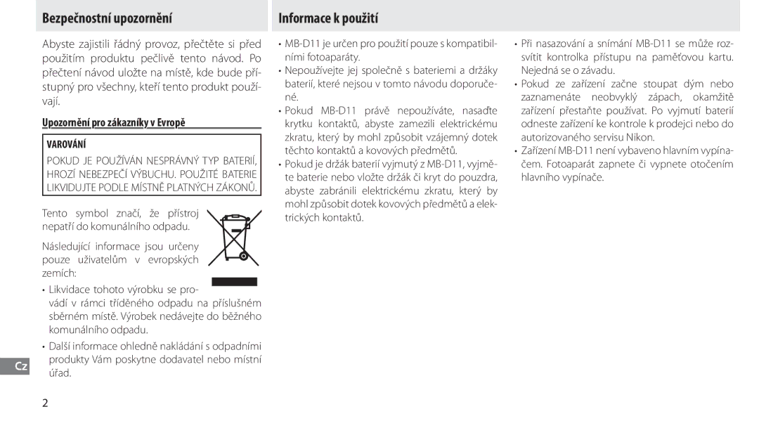 Nikon G02 manual Bezpečnostní upozornění, Informace k použití, Upozornění pro zákazníky v Evropě, Varování, Úřad 