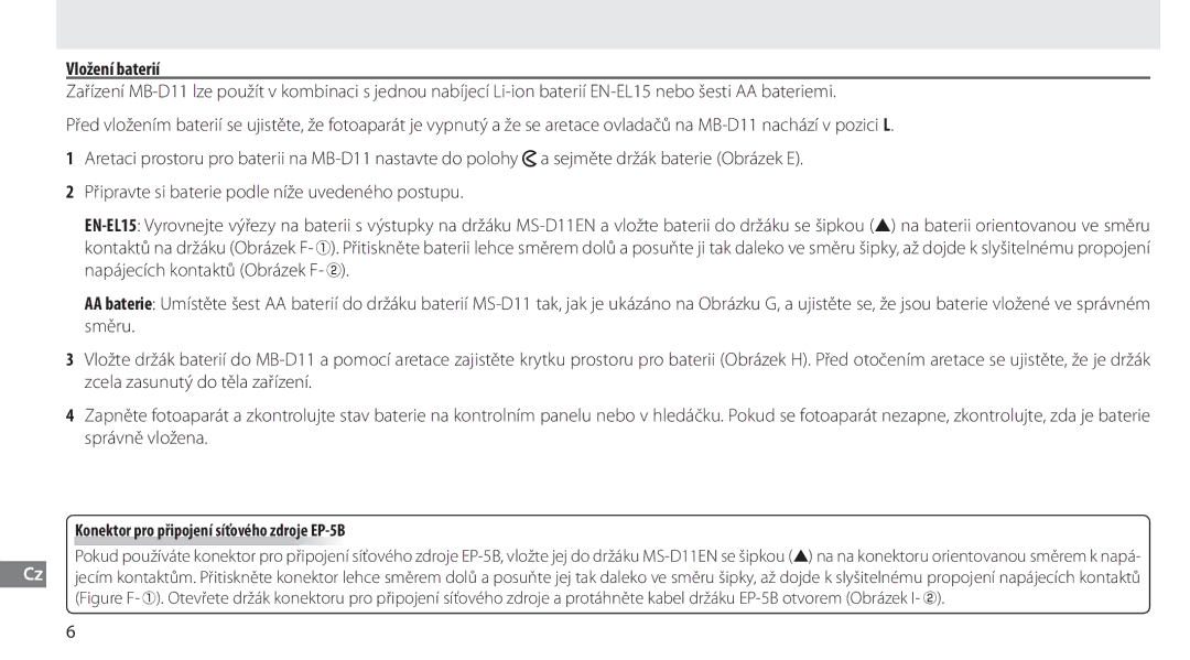 Nikon G02 manual Vložení baterií, Konektor pro připojení síťového zdroje EP-5B 