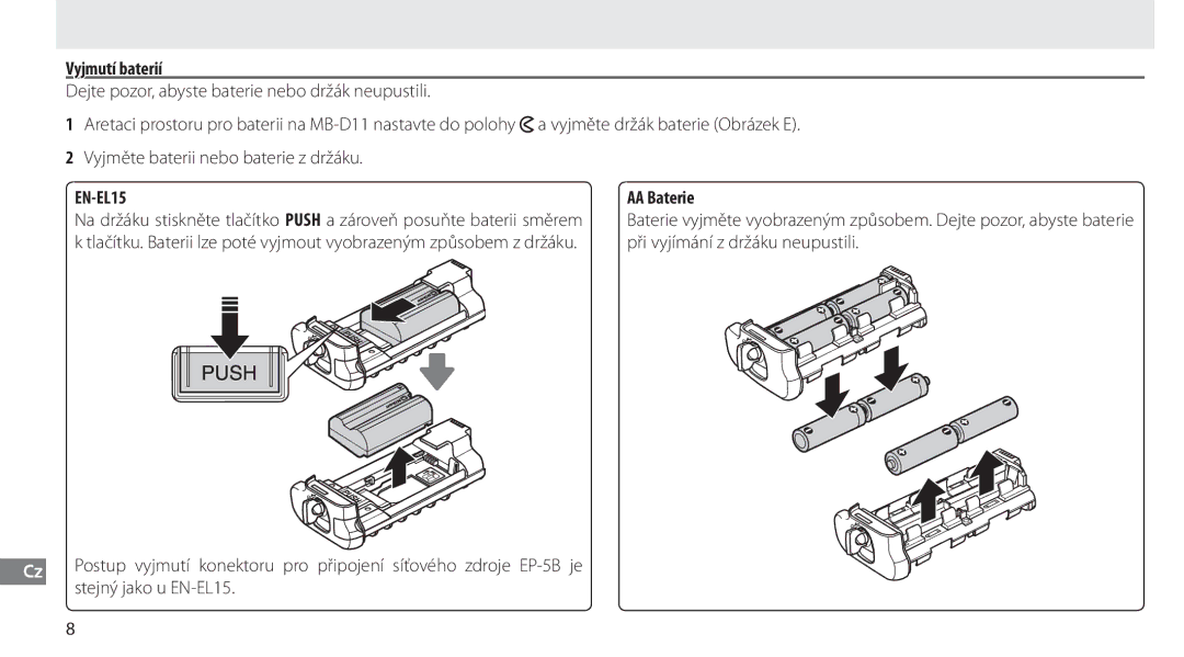 Nikon G02 manual Vyjmutí baterií, AA Baterie, Stejný jako u EN-EL15 