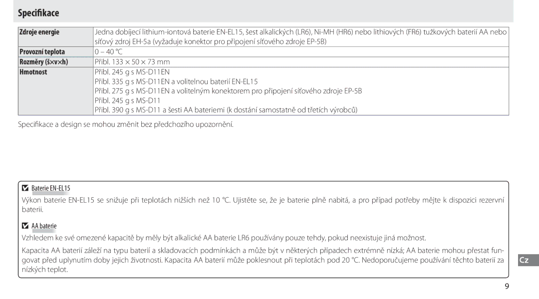 Nikon G02 manual Specifikace, Zdroje energie, Provozní teplota, Rozměry š×v×h, Hmotnost 