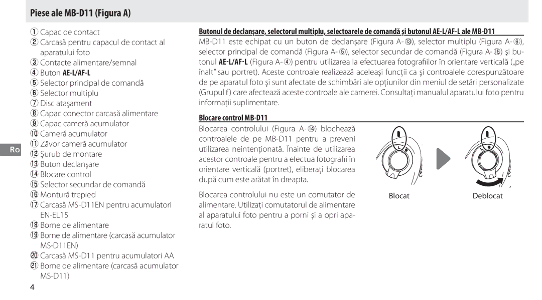 Nikon G02 manual Piese ale MB-D11 Figura a, Blocare control MB-D11, Blocarea controlului nu este un comutator de, Blocat 