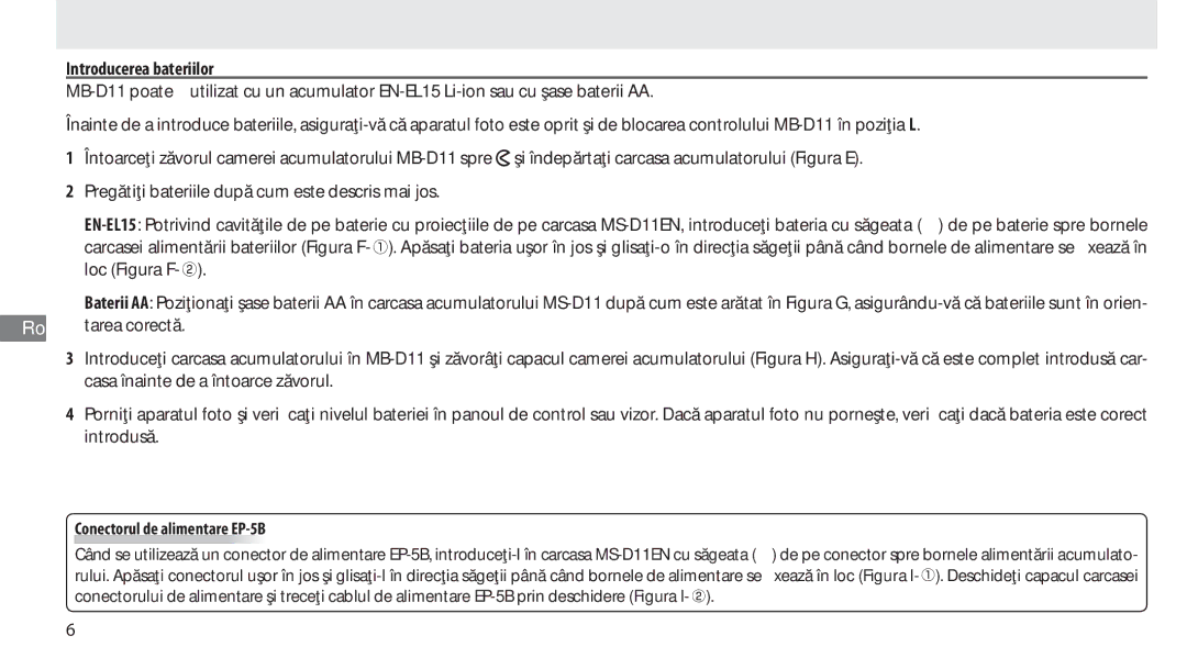 Nikon G02 manual Introducerea bateriilor, Tarea corectă, Conectorul de alimentare EP-5B 