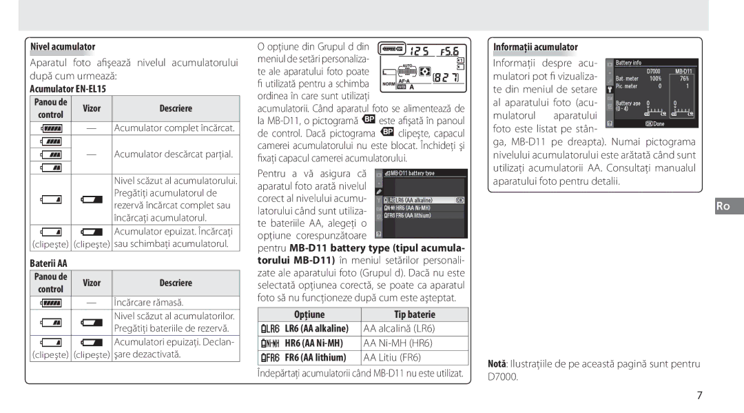 Nikon G02 manual Nivel acumulator, Acumulator EN-EL15, Opţiune Tip baterie, Informaţii acumulator 