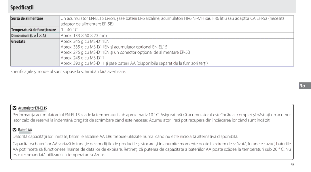 Nikon G02 manual Specificaţii, Sursă de alimentare, Dimensiuni L × Î × a, Greutate 