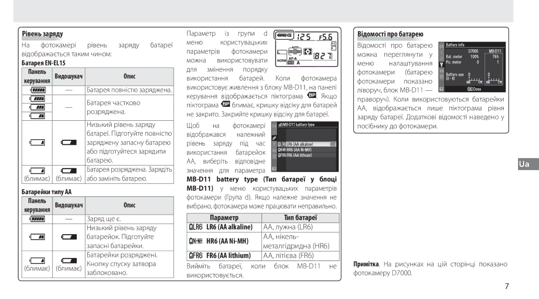 Nikon G02 manual Рівень заряду, Параметр Тип батареї, AA, лужна LR6, AA, літієва FR6, Відомості про батарею 