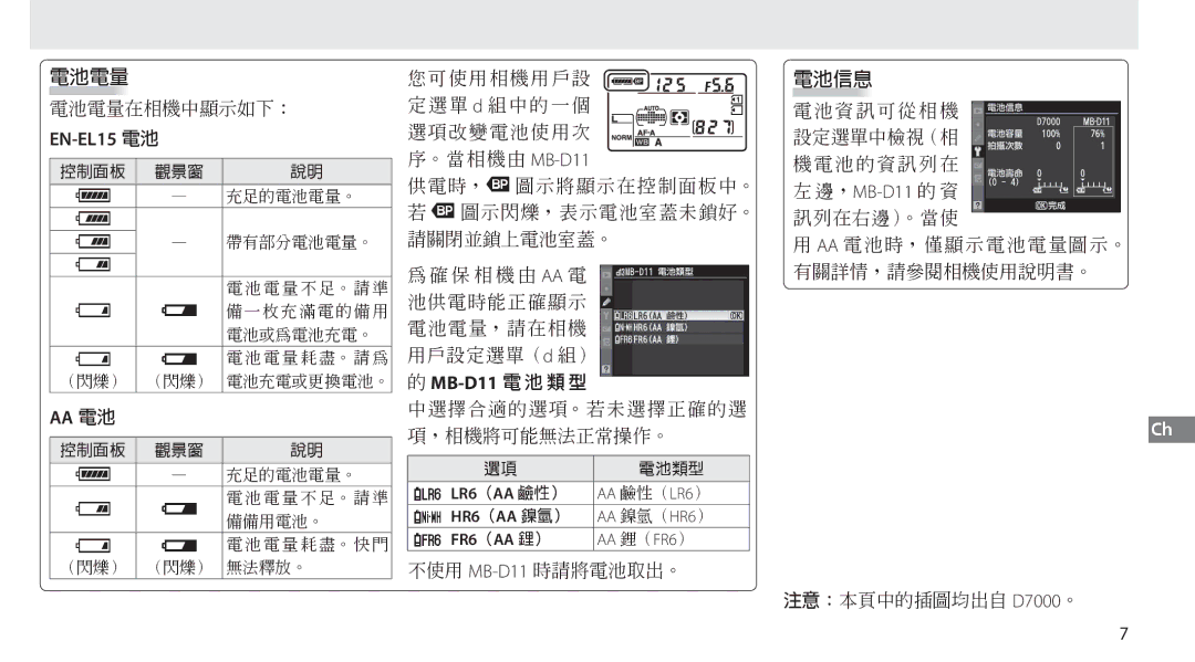 Nikon G02 manual EN-EL15 電池, Aa 電池, LR6（AA 鹼性） AA 鹼性（LR6）, HR6（AA 鎳氫） AA 鎳氫（HR6） FR6（AA 鋰） AA 鋰（FR6） 