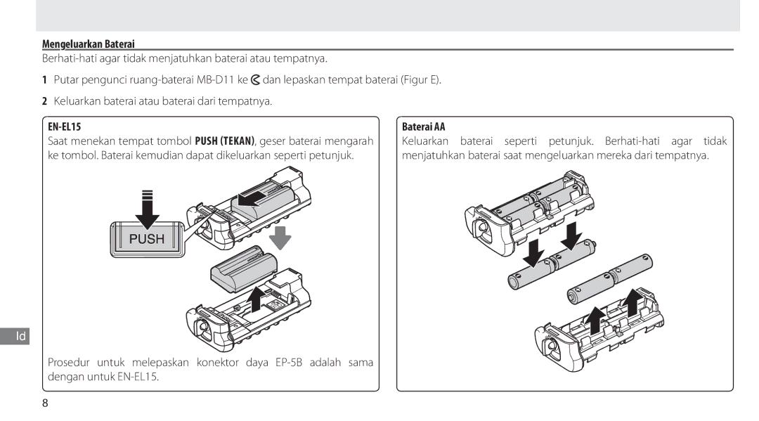 Nikon G02 manual Mengeluarkan Baterai, Baterai AA 