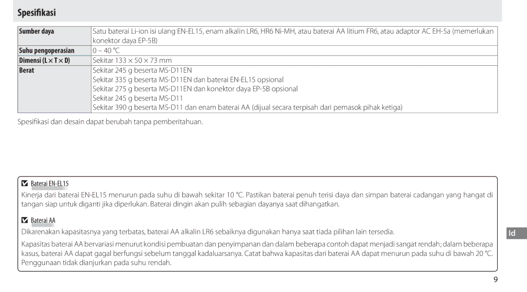 Nikon G02 manual Spesifikasi, Sumber daya, Dimensi L × T × D, Berat 