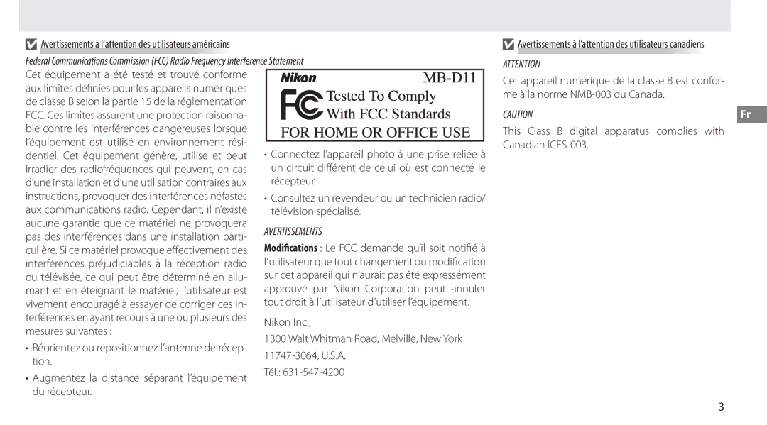 Nikon G02 manual Avertissements à l’attention des utilisateurs américains 