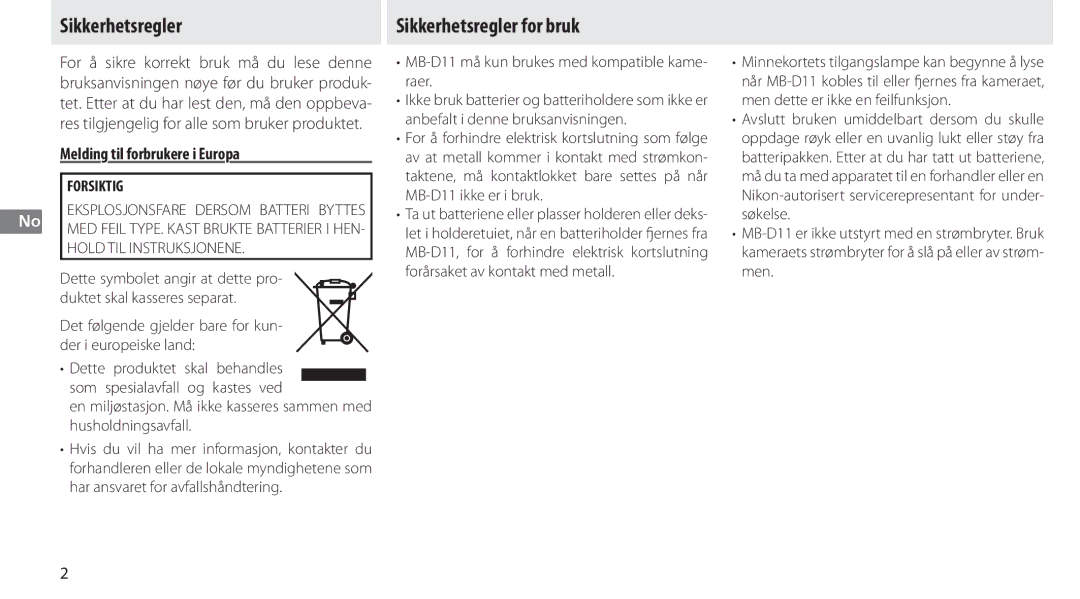 Nikon G02 manual Sikkerhetsregler for bruk, Melding til forbrukere i Europa, Forsiktig 