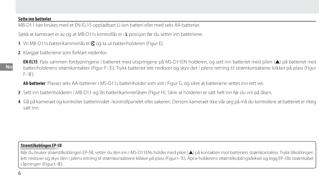 Nikon G02 manual Sette inn batterier, Strømtilkoblingen EP-5B 