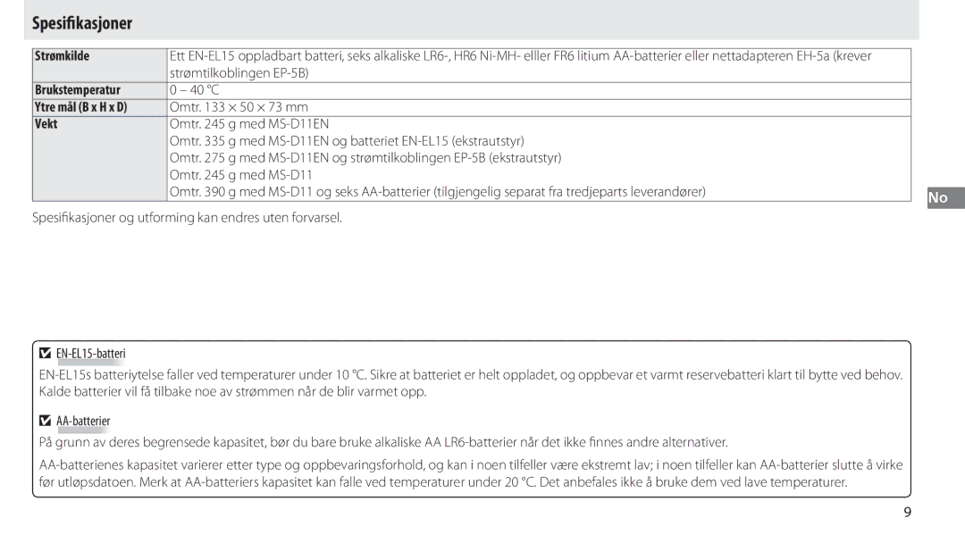 Nikon G02 manual Spesifikasjoner, Strømkilde, Brukstemperatur, Vekt 