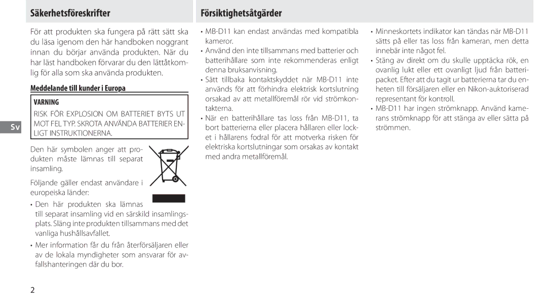 Nikon G02 manual Säkerhetsföreskrifter, Försiktighetsåtgärder, Meddelande till kunder i Europa, Varning 