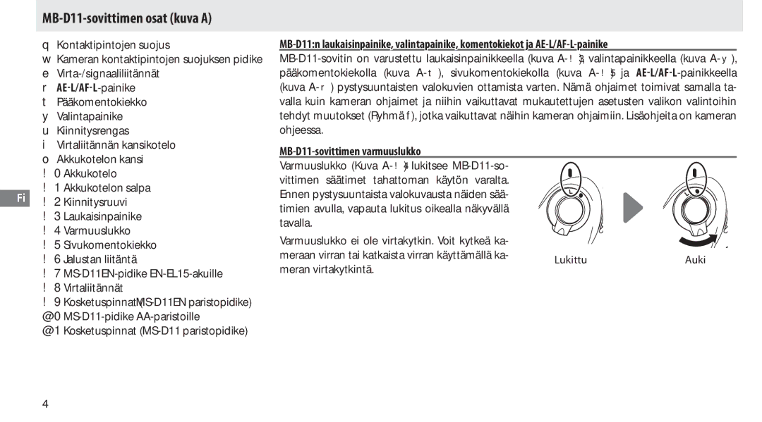 Nikon G02 manual MB-D11-sovittimen osat kuva a, MB-D11-sovittimen varmuuslukko 