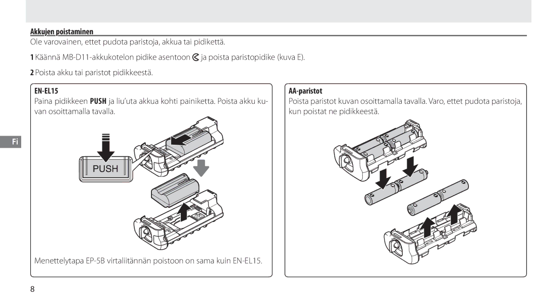 Nikon G02 manual Akkujen poistaminen, AA-paristot 