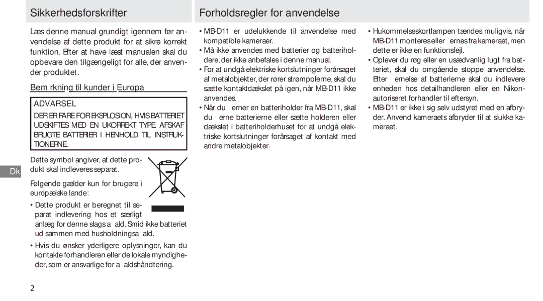 Nikon G02 manual Sikkerhedsforskrifter, Forholdsregler for anvendelse, Bemærkning til kunder i Europa 