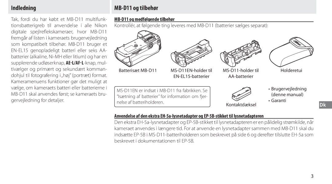 Nikon G02 manual Indledning, MB-D11 og tilbehør, MB-D11 og medfølgende tilbehør 