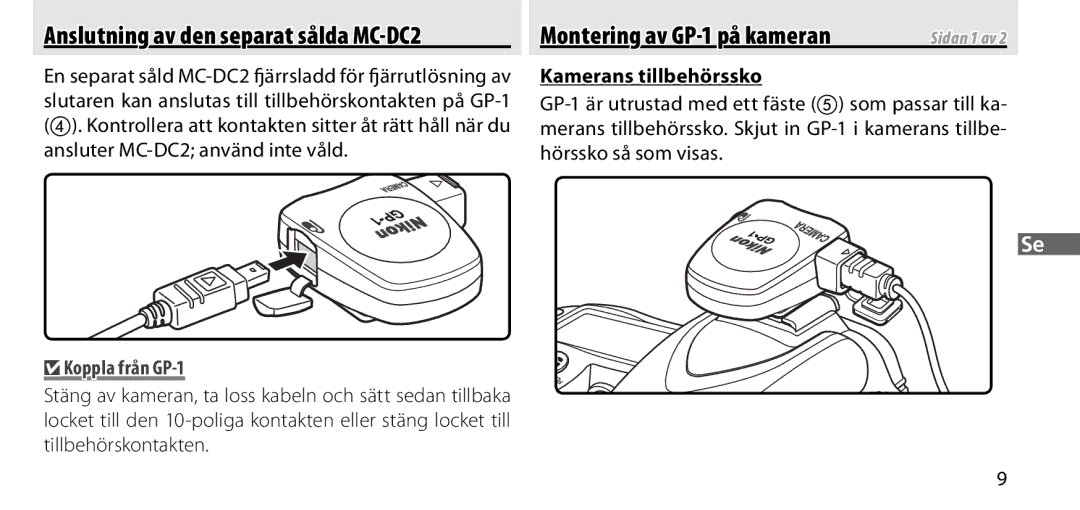 Nikon manual Montering av GP-1 på kameran, Kamerans tillbehörssko, Koppla från GP-1 