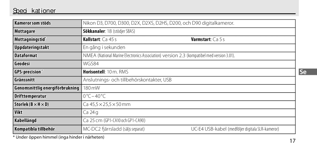 Nikon GP-1 manual Speciﬁkationer, UC-E4 USB-kabel medföljer digitala SLR-kameror 